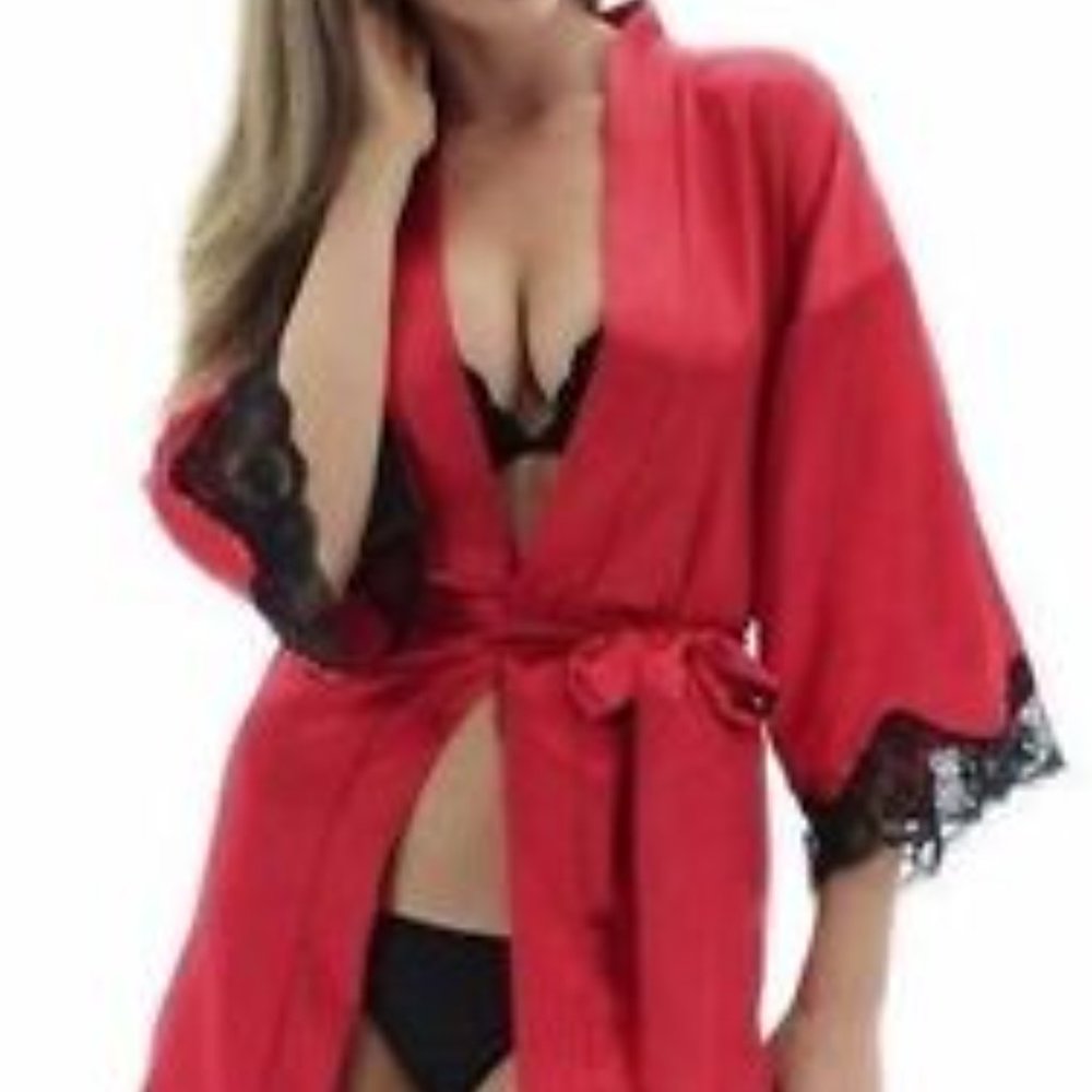 FREDERICKS OF HOLLYWOOD Harlow Satin Kimono Red Black Robe Womens Small